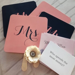 Mr / Mrs Wedding Day Game Paddle Fans Navy and Dusky Pink Game Cards Fun Wedding Photo Props image 1
