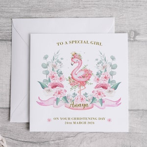 Carte spéciale fille le jour de votre baptême | Cadeau de félicitations de baptême personnalisé flamant rose