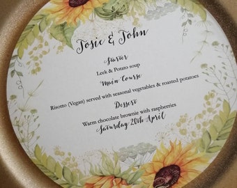 Sunflower Wedding Charger Plate Round Menu, Personalsied Table Place Setting