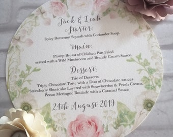 Floral Wedding Charger Plate | Personalised Menu | Round Table Place Setting