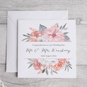 Carte de vœux rose bébé et grise pour mariage | Félicitations pour votre mariage | Carte-cadeau florale de mariage | Lors de votre journée spéciale |
