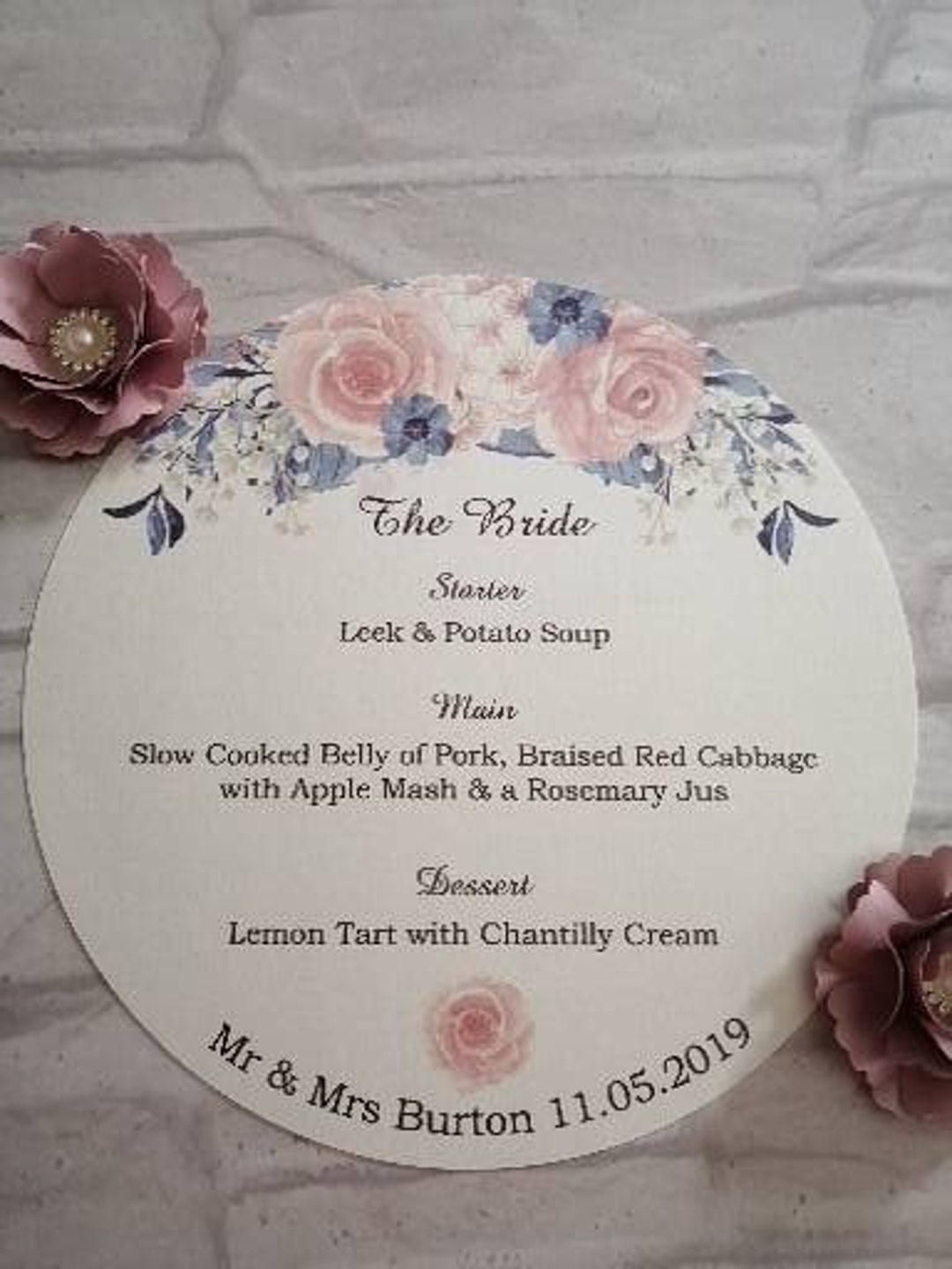 Wedding Charger Plate Menu, Pink and Navy Floral Round Table Place
