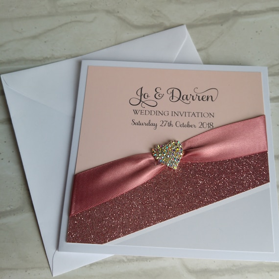 bow ribbon folded modern Wedding or Evening Invitations with glitter