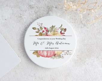 Personalised Mr & Mrs Coaster | Wedding Gift | Couple Pottery Present | Ceramic Drinks 9th Anniversary | Pumpkin Floral Mat