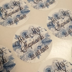 Wedding Blue Floral stickers | Name Date Envelope Seals | Wedding favours 3.7cm
