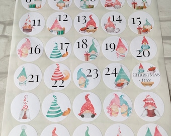 Christmas Advent Stickers 3.7cm | Cute Gnome Theme Number Labels | Scandinavian Gonk  1-24 & Christmas Day