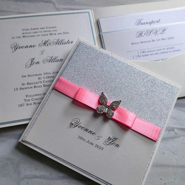 SAMPLE* Glitter Butterfly Wedding Invitation | Elegant Pocketfold Vow Renewal Stationery | Diamante Embelished Bridal Postcard