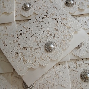 SAMPLE* Luxury Ivory Laser Cut Wedding Invitation | Glitter Pocket Fold | Elegant Lace Stationery