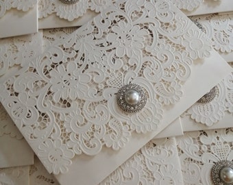SAMPLE* Luxury Ivory Laser Cut Wedding Invitation | Glitter Pocket Fold | Elegant Lace Stationery