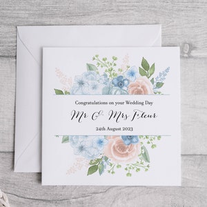 Carte de mariage bleu ciel et rose | Félicitations pour votre mariage | Carte-cadeau florale de mariage | Lors de votre journée spéciale |