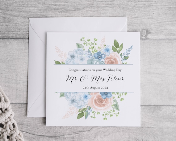 Baby Blue & Pink Wedding Day Card | Congratulations on your Wedding | Floral Wedding Gift Card | On your Special Day |