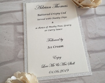 Glitter Wedding Menu | Personalised Charger Plate | Name Table Place Setting