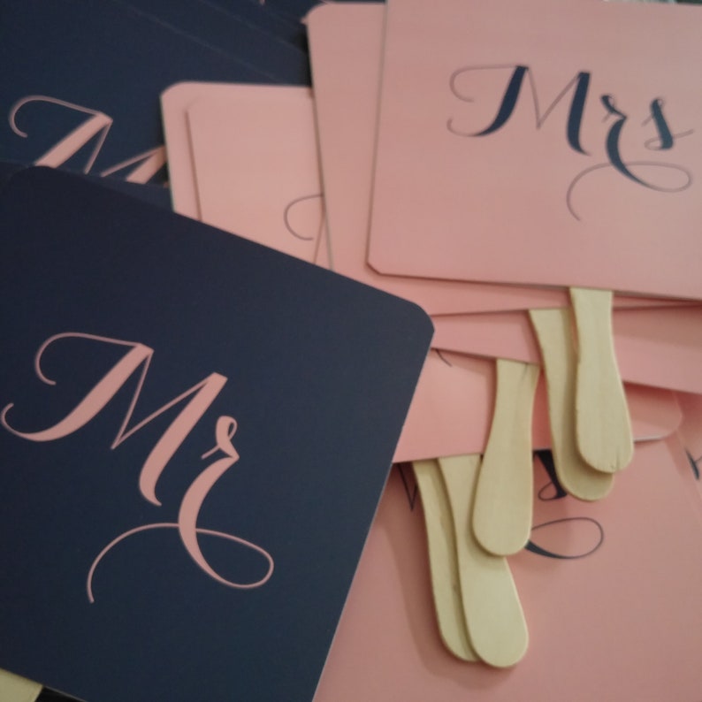 Mr / Mrs Wedding Day Game Paddle Fans Navy and Dusky Pink Game Cards Fun Wedding Photo Props image 2