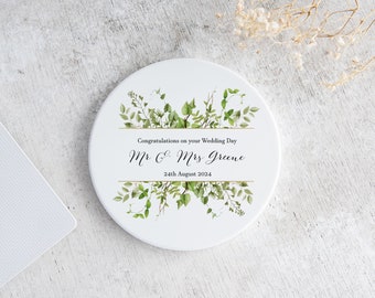 Personalised Mr & Mrs Coaster | Wedding Gift | Couple Pottery Present | Ceramic Drinks 9th Anniversary | Green Floral Mat