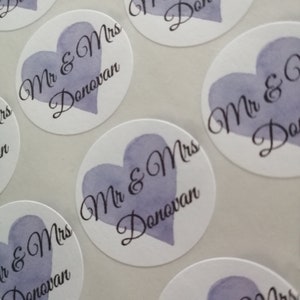 Purple Heart Wedding Stickers | Personalised Round Name Envelope Seals | labels 2.5cm