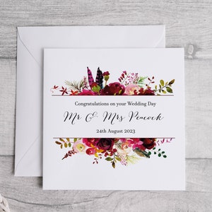 carte de mariage plume bordeaux | Félicitations pour votre mariage | Carte-cadeau florale de mariage | Lors de votre journée spéciale
