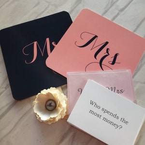 Mr / Mrs Wedding Day Game Paddle Fans Navy and Dusky Pink Game Cards Fun Wedding Photo Props image 7