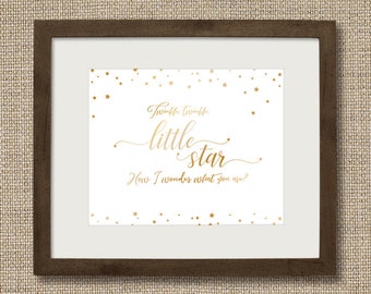 Twinkle Twinkle Little Star Faux Gold Foil Nursery Printable, Baby's room artwork, Nursery Rhyme Decor, White and Gold