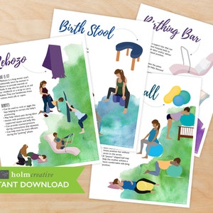 Childbirth Props, Labor and Delivery Positions 4 page Printable PDF – Rebozo, Birth Stool, Birth Bar, Birth Ball – Childbirth Education Tool