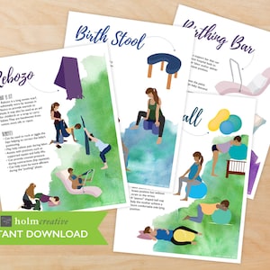 Childbirth Props, Labor and Delivery Positions 4 page Printable PDF – Rebozo, Birth Stool, Birth Bar, Birth Ball – Childbirth Education Tool