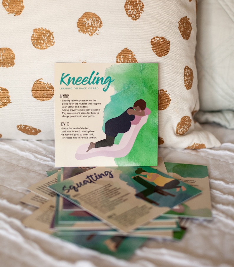 May include: A set of illustrated cards with tips for labour positions. The cards feature a pregnant person in different positions, including kneeling and squatting. The cards have a watercolour background with a teal, green, and pink colour scheme. The text on the cards reads "Kneeling" and "Squatting".