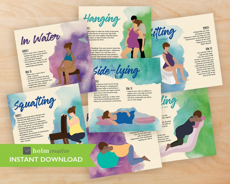 May include: A set of nine illustrated cards with watercolour backgrounds showing different labour positions, including hanging, squatting, side-lying, sitting on a toilet, and in water. Each card includes a title, a list of benefits, and instructions on how to do the position.
