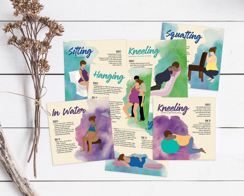 May include: A set of eight illustrated cards with watercolour backgrounds showing different labour positions, including sitting, kneeling, squatting, hanging, and in water. Each card includes a description of the position and its benefits.