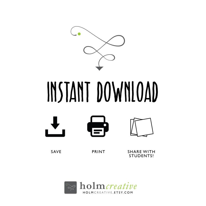 May include: White background with the words "INSTANT DOWNLOAD" in a bold, black font. Below are icons for saving, printing, and sharing. The bottom of the image includes the holmcreative logo and website address.