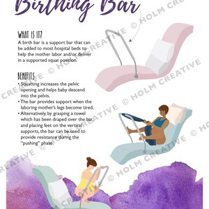 May include: A purple and white illustration of a birthing bar, a support bar that can be added to hospital beds to help a mother labor and/or deliver in a supported squat position. The illustration shows two women using the bar in different positions. The text "Birthing Bar" is in purple at the top of the image. The text "What is it?" and "Benefits" are also included in the image.