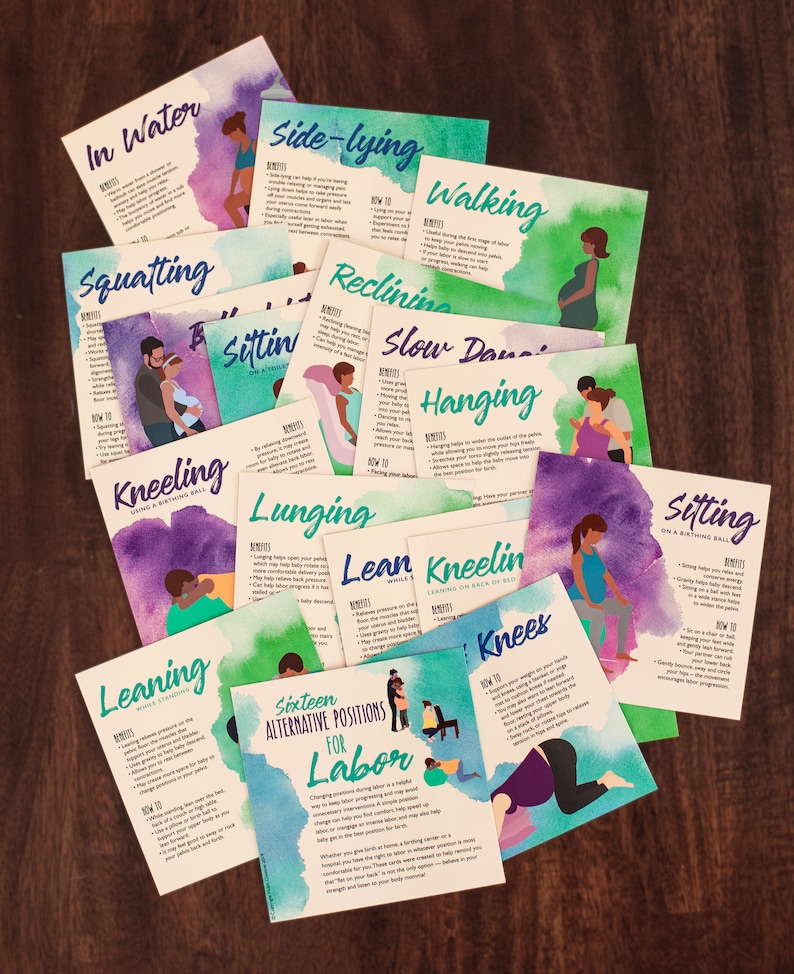 May include: Sixteen watercolour illustrations of different labour positions for pregnant people, with text describing the benefits and how to do each position. The title is "Sixteen Alternative Positions for Labour".