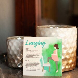 May include: A light green and white illustrated card with the title "Lunging" and a cartoon illustration of a pregnant woman performing a lunge exercise. The card lists the benefits of lunging during pregnancy and provides instructions on how to perform the exercise.