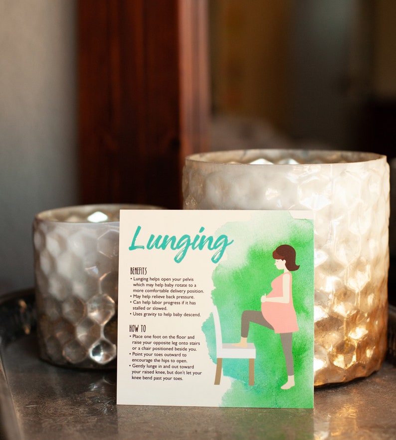 May include: A light green and white illustrated card with the title "Lunging" and a cartoon illustration of a pregnant woman performing a lunge exercise. The card lists the benefits of lunging during pregnancy and provides instructions on how to perform the exercise.
