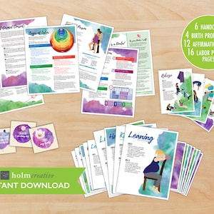 Forfait 3 : Documents d'éducation sur la naissance + Pages imprimables sur la position du travail + Pages imprimables sur les accessoires de naissance + Cartes violettes d'affirmation de naissance