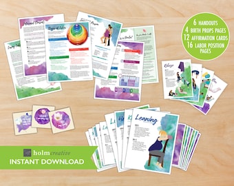 Package 3: Birth Education Handouts + Printable Labor Position Pages + Printable Birth Props Pages + Purple Birth Affirmation Cards