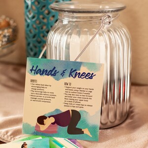May include: A colourful illustrated card with the title "Hands & Knees" and instructions on how to perform this labour position. The card shows a pregnant woman in the hands and knees position.