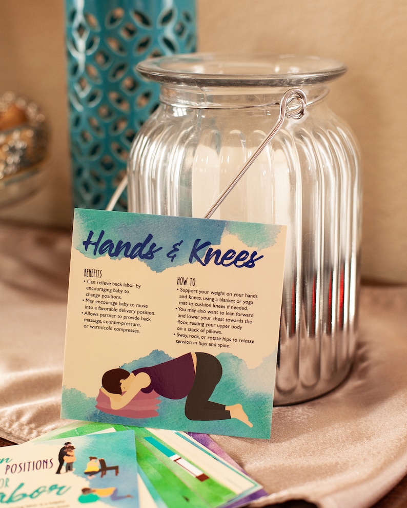May include: A colourful illustrated card with the title "Hands & Knees" and instructions on how to perform this labour position. The card shows a pregnant woman in the hands and knees position.
