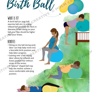 May include: Illustration of a pregnant person using a birth ball in different positions. The text reads "Birth Ball" and "What is it?" and describes the benefits of using a birth ball during labor.