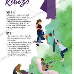 May include: A purple rebozo, a long woven scarf, is shown in the top left corner of the image. The image shows four different ways to use a rebozo during childbirth. The text "Rebozo" is in the top left corner of the image. The text "What is it?" is in the top left corner of the image. The text "Benefits" is in the top left corner of the image. The text "Can be used to rock or jiggle the hips helping to correct the baby's positioning." is in the top left corner of the image. The text "May help relieve pain during labor." is in the top left corner of the image. The text "Assists with positions such as supported squats and belly lifts." is in the top left corner of the image. The text "Can provide counter-pressure during contractions (hip squeeze)." is in the top left corner of the image. The text "Can help mom be more efficient during the "pushing" phase." is in the top left corner of the image.