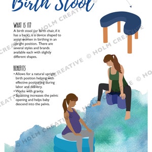 May include: A blue birth stool with a curved seat and wooden legs. The stool is shown with two pregnant women sitting on it. The text "Birth Stool" is written in a large, blue font at the top of the image. The text "What is it?" is written in a smaller, blue font below the title. The text describes the stool as a device shaped to assist women in birthing in an upright position. The text "Benefits" is written in a smaller, blue font below the description. The text lists the benefits of using a birth stool, including allowing for a natural upright birth position and helping with effective positioning during labor and delivery.