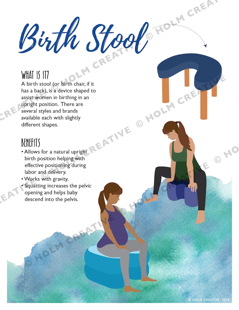 May include: A blue birth stool with a curved seat and wooden legs. The stool is shown with two pregnant women sitting on it. The text "Birth Stool" is written in a large, blue font at the top of the image. The text "What is it?" is written in a smaller, blue font below the title. The text describes the stool as a device shaped to assist women in birthing in an upright position. The text "Benefits" is written in a smaller, blue font below the description. The text lists the benefits of using a birth stool, including allowing for a natural upright birth position and helping with effective positioning during labor and delivery.