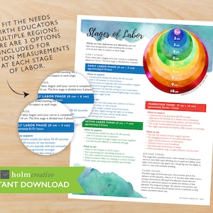 Puede incluir: Un gráfico informativo colorido que ilustra las etapas del parto con un diagrama circular que muestra las medidas de dilatación cervical de 1 a 10 centímetros. La infografía incluye texto que describe las diferentes fases del parto, qué esperar y qué hacer en cada etapa.