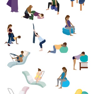 Conjunto n.º 2: Accesorios para el parto y posiciones de nacimiento: ilustraciones vectoriales y obras de arte para la educación sobre el parto natural