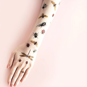 A top shot of tattoos applied across two forearms and hands. On the left are tattoos of butterflies in similar sizes. On the right are tattoos of beetles, ladybirds, dragonflies and bees in varying sizes.