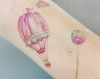 Hot Air Balloon Kawaii Pastel Watercolour Temporary Tattoo