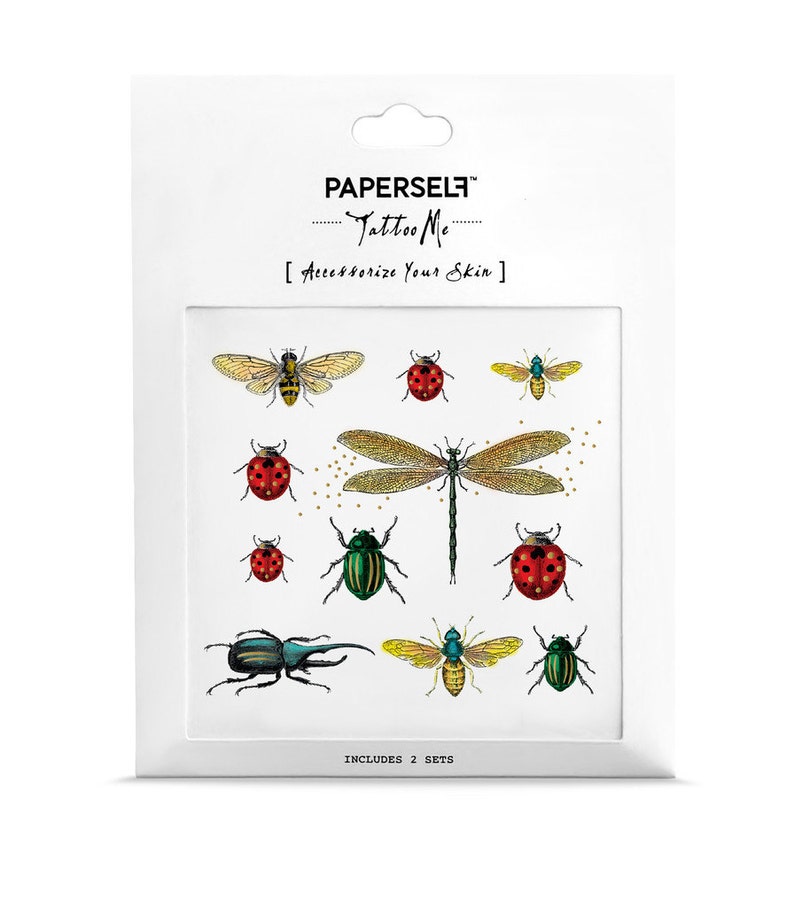 The product in its white PAPERSELF packaging. The design includes dragonfies, bees, ladybirds and beetles in varying sizes.