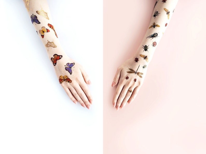 A top shot of tattoos applied across two forearms and hands. On the left are tattoos of butterflies in similar sizes. On the right are tattoos of beetles, ladybirds, dragonflies and bees in varying sizes.