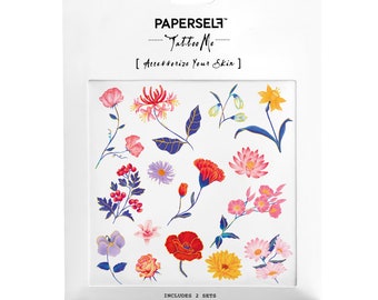 May include: A sheet of temporary tattoos featuring a variety of colorful flowers. The sheet includes 2 sets of tattoos. The text "PAPERSELF" and "Tattoo Me" is printed on the sheet.