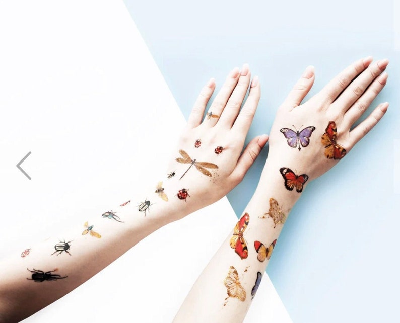 A top shot of tattoos applied across two forearms and hands. On the right are tattoos of butterflies in similar sizes. On the left are tattoos of beetles, ladybirds, dragonflies and bees in varying sizes.