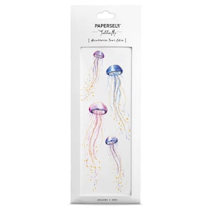 The product in its white PAPERSELF packaging. The design includes four jellyfish of varying sizes, in purple, pink and blue, and gold speckles trailing off their tentacles.