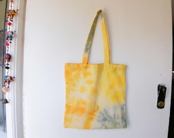 Vegan paint tie dye tote / sustainable shopper/ summer bag / 100% cotton /orange and yellow tie dye/long handle/yellow green orange/book bag